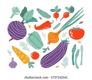 Set with hand drawn colorful doodle vegetables in trendy organic style. Vegetables flat icons: cucumber, carrot, onion, tomato, beetroot, broccoli, pepper. Vegetarian healthy food. Farm products