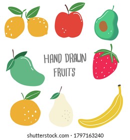 Set with hand drawn colorful doodle fruits. Sketch style vector collection. Flat tropic set: apple, orange, lemon, banana, mango. Vegan, farm, natural food illustration