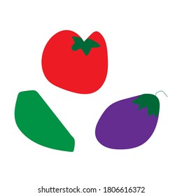 Set with hand drawn colorful doodle vegetables. Sketch childish style simple vector collection. Vegetables flat icons set cucumber, eggplant, tomato.