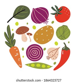 Conjunto de verduras y verduras coloreadas a mano. Colección vectorial de estilo de esbozo. Tomates, guisantes, pimienta, zanahoria, setas, cebolla.  Comida vegetariana saludable. Vegan, granjas, orgánicas, naturales