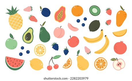 Set hand drawn colorful doodle fruits. Natural tropical fruits. Apple, peach, lemon, banana, pomegranate, pineapple, pear, avocado, plum. Organic, vegan food illustration.