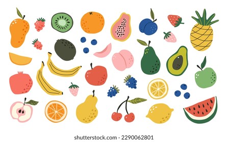 Set hand drawn colorful doodle fruits. Sketch style. Natural tropical fruits. Apple, peach, lemon, banana, pomegranate, pineapple, pear, avocado, plum. Vector illustration.