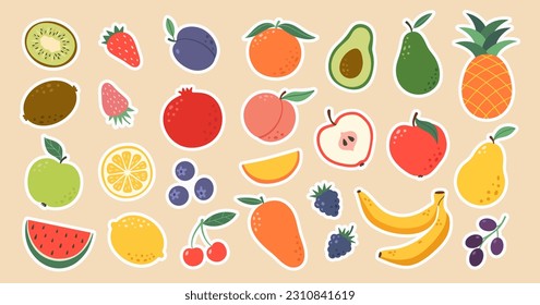 Set hand drawn colorful doodle fruits. Natural tropical fruits. Apple, peach, lemon, banana, pomegranate, pineapple, pear, avocado, plum. Organic, vegan food illustration.