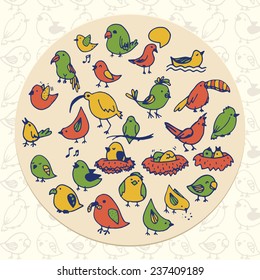 set of hand drawn colorful doodle birds