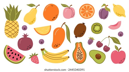 Set dibujado a mano coloridas frutas de garabato. Frutas tropicales naturales. Manzana, melocotón, plátano, granada, piña, pera.