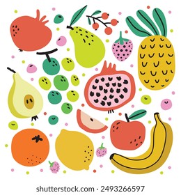 Set con frutas de garabato dibujadas a mano. Colección de Vector estilo boceto. Diseño plano. Manzana, limón, plátano, granada, piña, pera, fresa, uva, naranja. Ilustración orgánica, vegana