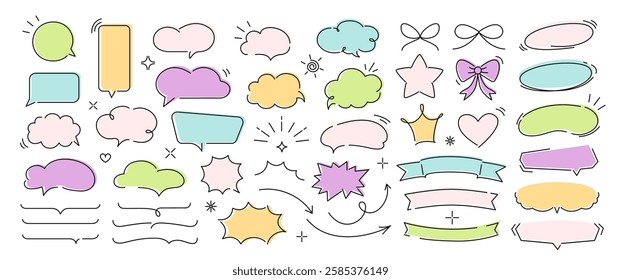 Set of hand drawn colorful doodle speech bubble line balloon frame text box. Comic doodle underlines, icons, emphasis, speech bubbles, arrows, shapes and decoration. Vector illustration