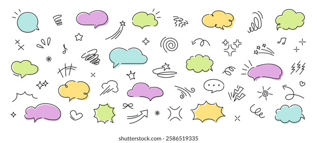 Set of hand drawn colorful doodle speech bubble line balloon frame text box. Comic doodle underlines, icons, emphasis, speech bubbles, arrows, shapes with decoration. Vector illustration 