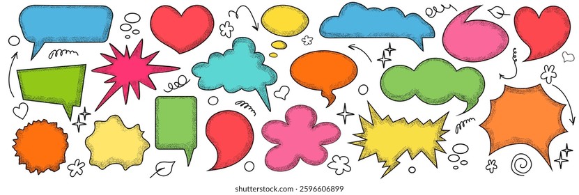 Set of hand drawn colorful doodle speech bubbles, text box with frame. Comic doodles underline, icons, accents, speech bubbles, arrows, shapes with decoration. Vector illustration