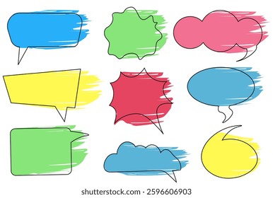 Set of hand drawn colorful doodle speech bubbles, text box with frame. Comic doodles underline, icons, accents, speech bubbles, arrows, shapes with decoration. Vector illustration