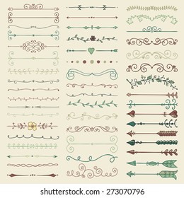 Conjunto de Elementos de Design de Doodle Coloridos desenhados à mão. Divisores florais decorativos, setas, redemoinhos, pergaminhos. Ilustração Vector Vintage.