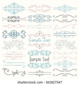 Set of Hand Drawn Colorful Doodle Design Elements. Decorative Floral Dividers, Borders, Swirls, Scrolls, Text Frames. Vintage Vector Illustration.