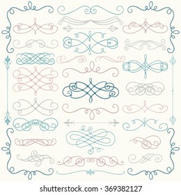 Set of Hand Drawn Colorful Doodle Design Elements. Decorative Swirls, Scrolls, Text Frames, Dividers. Vintage Vector Illustration.