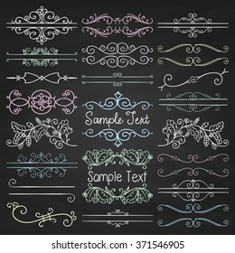 Set of Hand Drawn Colorful Doodle Design Elements. Decorative Floral Dividers, Borders, Swirls, Scrolls, Text Frames. Chalk Drawing Vintage Vector Illustration. Chalkboard Texture.