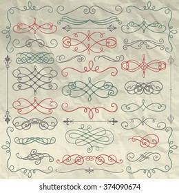 Set of Hand Drawn Colorful Doodle Design Elements on Crumpled Paper Texture. Decorative Swirls, Scrolls, Text Frames, Dividers. Vintage Vector Illustration. Pen Drawing. 