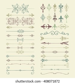 Set of Hand Drawn Colorful Doodle Design Elements. Decorative Floral Dividers, Arrows, Swirls, Scrolls. Vintage Vector Illustration.