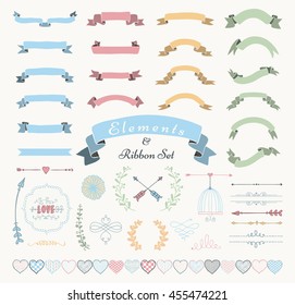 Set of Hand Drawn Colorful Doodle Sketched Rustic Decorative Wedding Design Elements and Ribbons. Vintage Vector Illustration.