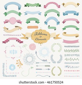 Set of Hand Drawn Colorful Doodle Sketched Rustic Decorative Wedding Design Elements and Ribbons. Vintage Vector Illustration. Ribbons with Geometric Patterns, Dots, Stripes, Chevron