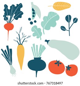 Set with hand drawn colorful doodle vegetables. Sketch style vector collection. Vegetables flat icons set: cucumber, carrot, onion, tomato. 