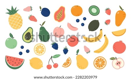 Set hand drawn colorful doodle fruits. Natural tropical fruits. Apple, peach, lemon, banana, pomegranate, pineapple, pear, avocado, plum. Organic, vegan food illustration.