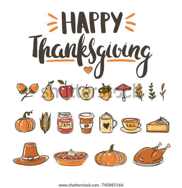 Set Hand Drawn Colorful Doodles Thanksgiving Stock Vector Royalty