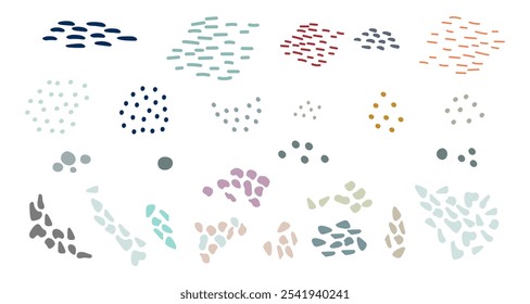 Set of hand drawn colorful dots and lines doodle shapes and squiggles in trendy soft colors. Vector isolated illustration. For design, print, fabric, stickers, tattoo, embroidery and decoration
