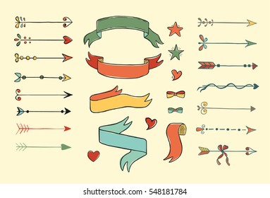 Set of hand drawn colorful elements for design. Doodle arrows, ribbons, borders pack