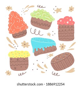 Set of hand drawn colorful festive cute cakes with cream and candles isolated on a white background. Simple illustration in the flat style that can be used for decoration of textile, paper.
