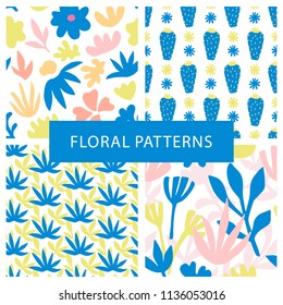 Set of hand drawn colorful floral seamless repeat patterns. Spring, summer flowers, trendy colors. Bold fabric design, textile print, gift wrapping paper, wall art, home decor. Vector illustration.