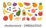 Set hand drawn colorful fruits and berries. Modern abstract minimal style. Natural tropical fruits. Cherry, apple, peach, lemon, banana, pomegranate, pineapple, fig, melon. Vector illustration.