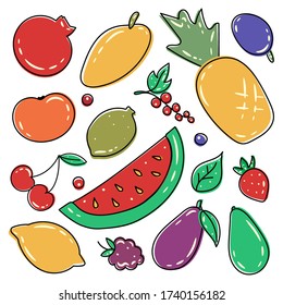 Set of hand drawn colorful fruits and berries. Fresh organic summer fruits and berries. Decorative vector background in flat style for  promotion, advertisement. Healthy lifestyle. Juicy fruits
