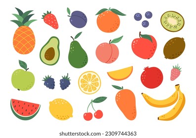 Set hand drawn colorful fruits and berries. Natural tropical fruits. Apple, peach, strawberry, banana, pomegranate, pineapple, pear, avocado, cherry. Organic, vegan food illustration.