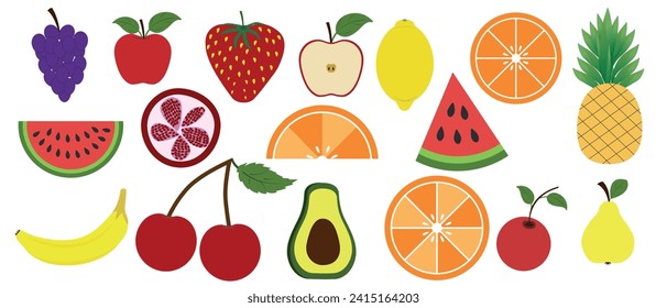 Set hand drawn colorful fruits and berries. Large set of natural fruits and berries. Apple, strawberry, banana, pomegranate, pineapple, pear, avocado and others. Illustration of organic, vegan food.