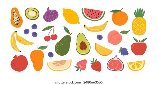 Set hand drawn colorful fruits and berries. Modern abstract minimal style. Natural tropical fruits. Cherry, apple, peach, lemon, banana, pomegranate, pineapple, fig, melon. Vector illustration.