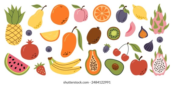 Set dibujado a mano frutas y bayas de colores. Estilo minimalista abstracto moderno. Frutas tropicales naturales. Cereza, manzana, melocotón, limón, plátano, granada, piña, higo, melón. Ilustración vectorial.