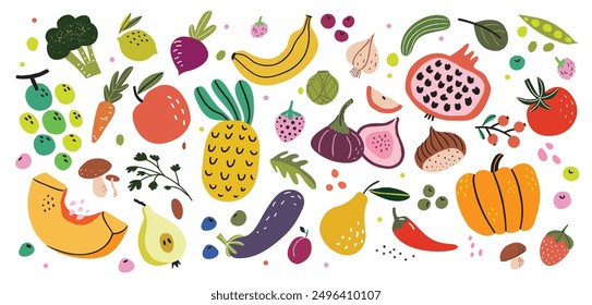 Set with hand drawn colorful fruits and vegetables illustration. Abstract vector collection. Flat style. Tomatoes, pumpkin, pineapple, apple, grapes, pear, pepper. Organic, vegan food illustration