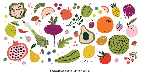 Set with hand drawn colorful fruits and vegetables illustration. Vector collection. Flat style. Orange, zucchini, leek, radish, strawberry, pineapple, avocado, apple. Organic, vegan food illustration.