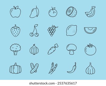Set hand drawn colorful fruits and berries. Modern abstract minimal style. Natural tropical fruits. Cherry, apple, peach, lemon, banana, pomegranate, pineapple, fig, melon. Vector illustration.
