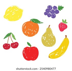 Definir mão desenhado frutas coloridas e bagas. Frutos bonitos pera, laranja, cereja, maçã, limão, banana, uvas, morangos . Ilustração vetorial.