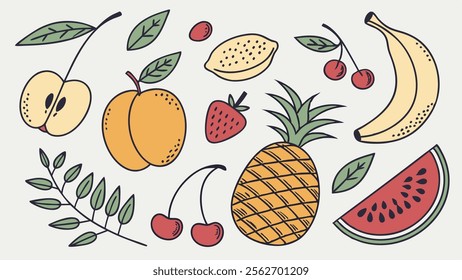 Set hand drawn colorful fruits and berries. Modern abstract minimal style. Natural tropical fruits. Cherry, apple, peach, lemon, banana, strawberry, pineapple, leves, water melon. Vector illustration.