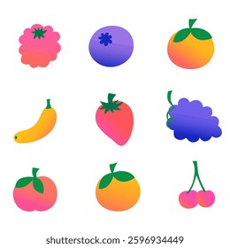 Set hand drawn colorful fruits and berries. Modern abstract minimal style. Natural tropical fruits. Cherry, apple, peach, banana, blueberry, raspberry