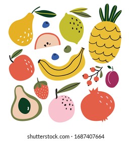 Set with hand drawn colorful geometric fruit illustration. Sketch style vector collection. Flat design. Apple, peach, lemon, banana, pomegranate, pineapple, pear, avocado, plum. Vegan food.