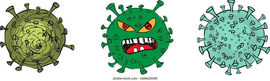 Set hand drawn colorful graphic cartoony bacterias isolated on white background. Concept of coronavirus quarantine, pandemic medical health risk, quarantine and respiratory virus. Vector