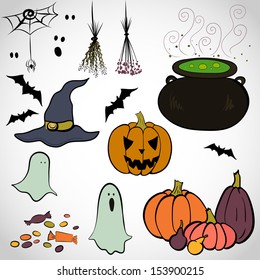 Set of hand drawn colorful halloween doodles. Spooky cartoon ghost, bat, Jack-o'-lantern, cauldron boiling the potion, witch hat, spider, herbs and candies.