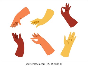 Set of hand drawn colorful hands, various gestures