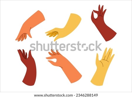 Set of hand drawn colorful hands, various gestures