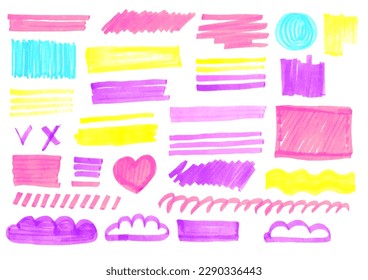 Set of hand drawn colorful highlighter design elements. Marker color strokes, lines, heart. Talk bubbles, text boxes. Vector illustration. Marker underlines. Frames and borders