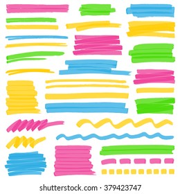 Set of hand drawn colorful highlighter stripes, strokes and marks. Optimized for one click color changes. Transparent colors EPS10 vector.