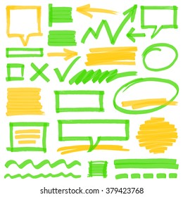 Set of hand drawn colorful highlighter design elements, marks, stripes and strokes, speech bubbles and arrows. Optimized for one click color changes. Transparent EPS10 vector.