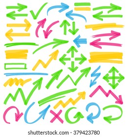 Set of hand drawn colorful highlighter arrows, pointers, arrowheads and marks. Optimized for one click color changes. Transparent colors EPS10 vector.